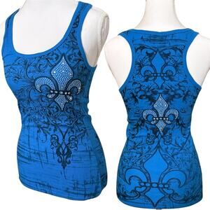 Blue Rhinestone Fleur de Lis Tank Top XL